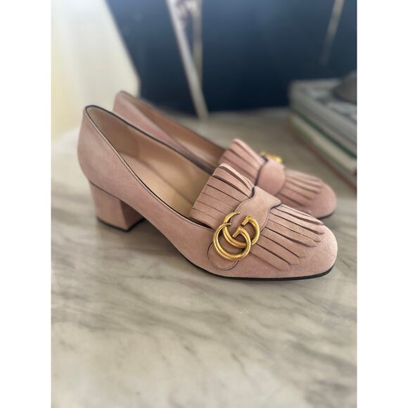 Gucci Double GG Marmont Blush Pink Suede Fringe Loafer Pump - Picture 4 of 15